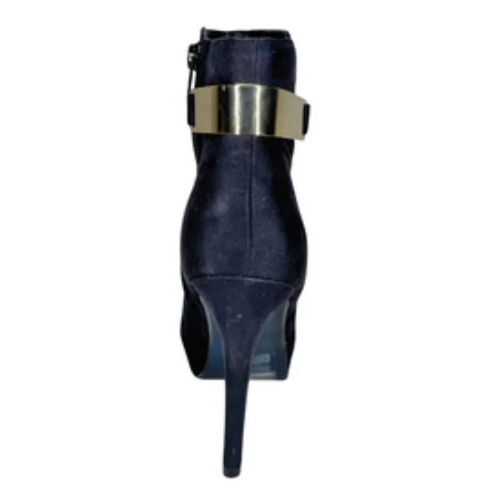 H&M Office Siren Faux Suede Platform Ankle Boots Gold Buckle Hardware Black 9.5